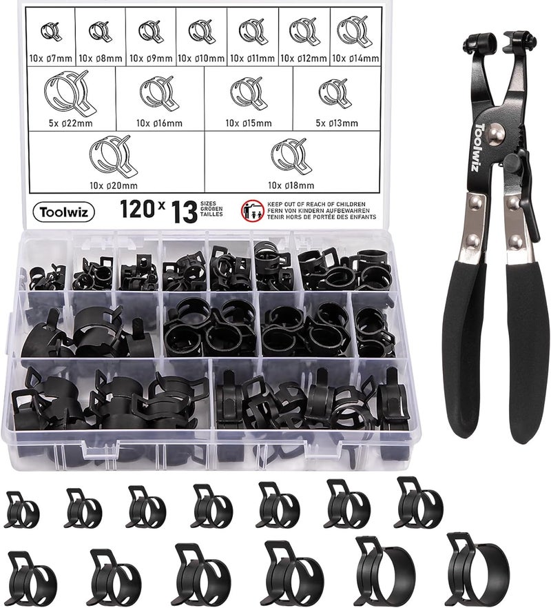 Toolwiz 120Pcs 7-22mm Spring Band Hose Clamp Assortment with Swivel Clamp Pliers, Constant Tension Radiator Hose Clamps, Black Hose Clips for Fuel Line, Silicone Vacuum Hose, Air Tube, Water Pipe - Image 1